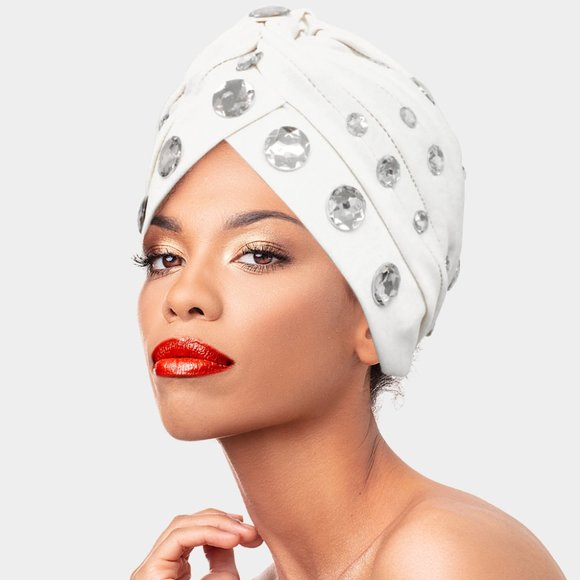 NWT White Knitted Turban Hat Beanie with Crystals